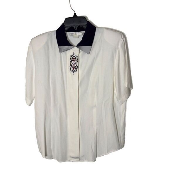 Blue & Cream Tops - Maggie Lawrence Collection Women's‎ Medium Blouse - White Crest Logo